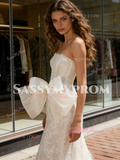 Strapless Ruched Trumpet Mermaid Bow Lace Wedding Dress