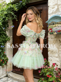 Off The Shoulder Green Short Mini Floral Homecoming Dress