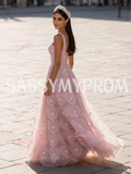 A Line Heart Pearls Pink One Shoulder Prom Dress