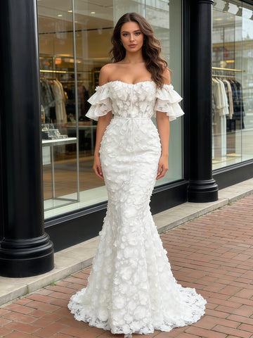 Trumpet Mermaid White Floral Lace Off The Shoulder Prom Dress