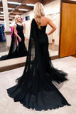 Trumpet Mermaid Black One Shoulder Appliques Prom Dress With Shawl