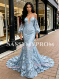Blue Puffy Sleeve Mesh Trumpet Mermaid Lace Prom Dress