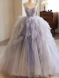Ball Gown Ruffles Blue Tulle Lace Up Prom Dress