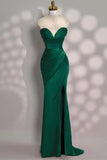 Sweetheart Mermaid Burgundy Satin High Slit Prom Dress