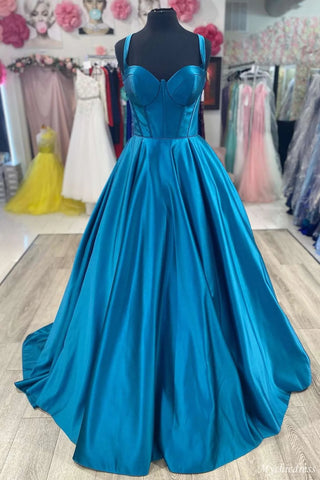 Sweetheart Blue Satin A Line Formal Prom Dress