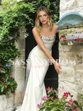 Strapless White Satin Trumpet Mermaid Beading Prom Dress