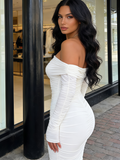 Maxi Long Sleeve Ruched Fitted Off The Shoulder Bodycon Dress