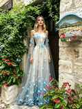 Butterfly Blue Tulle V Neck Pearl A Line Prom Dress With Shawl