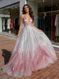 Silver Pink Tulle Sparkle Pink V Neck Ombre A Line Prom Dress