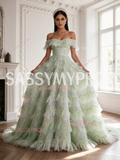 Tulle Sequin Off The Shoulder Light Green A Line Prom Dress