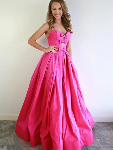 Strapless Bow Hot Pink Satin A Line Prom Dress