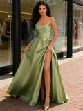 A Line Satin Ruched Green Strapless Prom Dress With Slit