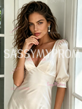 Champagne V Neck Long Sleeve Elastic Satin Tea Length Wedding Dress With Slit