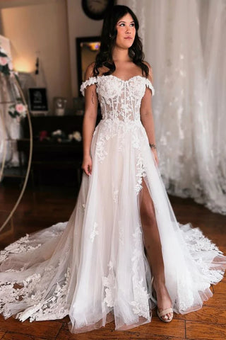 White Lace Off The Shoulder Wedding Dress with High Slit