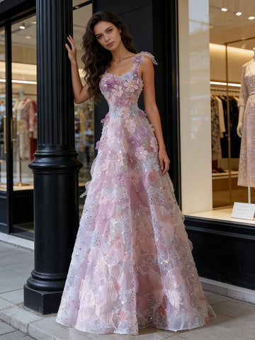 Tulle Beading Straps Floral A Line Prom Dress