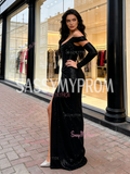 Sequin Trumpet Mermaid Off The Shoulder Champagne Prom Dress With Slit