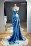 One Shoulder Satin Pleats Crystal Waist Brown Prom Dress