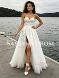 Tulle A Line Appliques Spaghetti Straps Wedding Dress With Slit