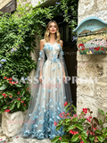 Butterfly Blue Tulle V Neck Pearl A Line Prom Dress With Shawl