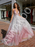 Silver Pink Tulle Sparkle Pink V Neck Ombre A Line Prom Dress