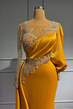 Long Sleeve Trumpet Mermaid Satin Gold Scoop Beading Prom Dress
