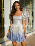 Short Sleeves Tulle A Line Silver Square Homecoming Dress