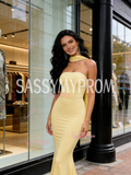 Shawl Yellow Trumpet Mermaid Strapless Satin Prom Dress