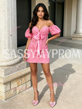 Pink Puffy Sleeves Sheath Column Lace Homecoming Dress