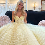 Appliques See Through Ruffles Yellow Sweetheart Prom Dress