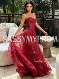 Burgundy Sweetheart Lace A-Line Tulle Prom Dress
