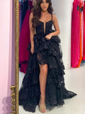 Black Ruffles Sequins Tulle V Neck Prom Dress With Slit