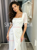 Square Short Sleeve A-Line Satin Tulle Wedding Dress With Slit
