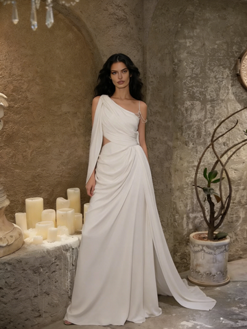 One Shoulder Beading A Line Cut Out Chiffon Wedding Dress US8 / As the picture