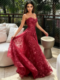Burgundy Sweetheart Lace A-Line Tulle Prom Dress