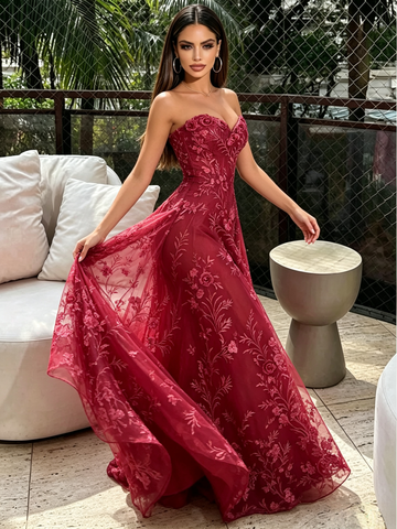 Burgundy Sweetheart Lace A-Line Tulle Prom Dress