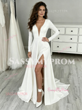 Spandex V Neck A Line Long Sleeve Wedding Dress