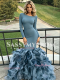 Blue Scoop Long Sleeve Tulle Spandex Ruffles Prom Dress