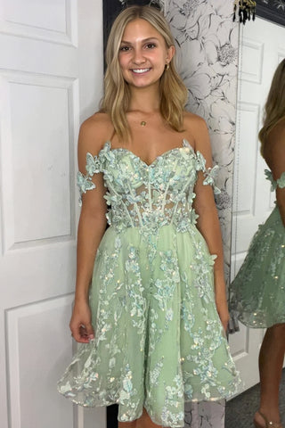 Green Lace Butterfly Off the Shoulder Homecoming Dress