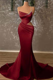 Crystal Draped One Shoulder Red Satin Mermaid Prom Dress