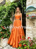 Orange Strapless Satin Ruffles Beading A Line Prom Dress