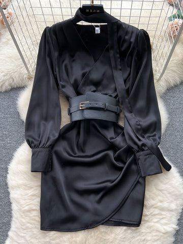 Satin Structured Belt Black Wrap Dress