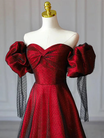Puffy Sleeves Glittery Mesh Red Prom Dress Sassymyprom Puffy Sleeves Glittery Mesh Red Prom Dress Sassymyprom