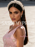 A Line Heart Pearls Pink One Shoulder Prom Dress