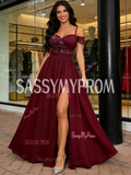 Navy Blue A Line Beading Chiffon Prom Dress With Slit