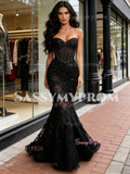 Black Sweetheart Lace Flower Beading Prom Dress