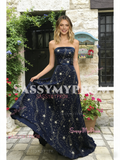 Navy Blue A Line Tulle Star Strapless Prom Dress