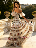 Off The Shoulder Puffy Sleeves Layers Print Sequin Prom Dress