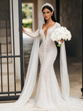 Trumpet Mermaid Pearls Cape Lace V Neck Long Sleeves Wedding Dress