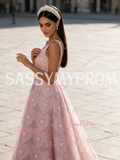A Line Heart Pearls Pink One Shoulder Prom Dress