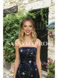 Navy Blue A Line Tulle Star Strapless Prom Dress